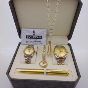 "Men's Stainless Steel Set: Watch, Rosary, Pen & Cufflinks"